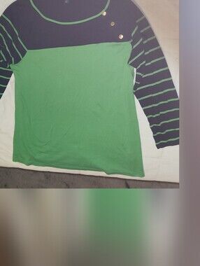 Lauren Ralph Lauren Kelly Green Body Navy Striped Sleeve Long Sleeve Tee XL